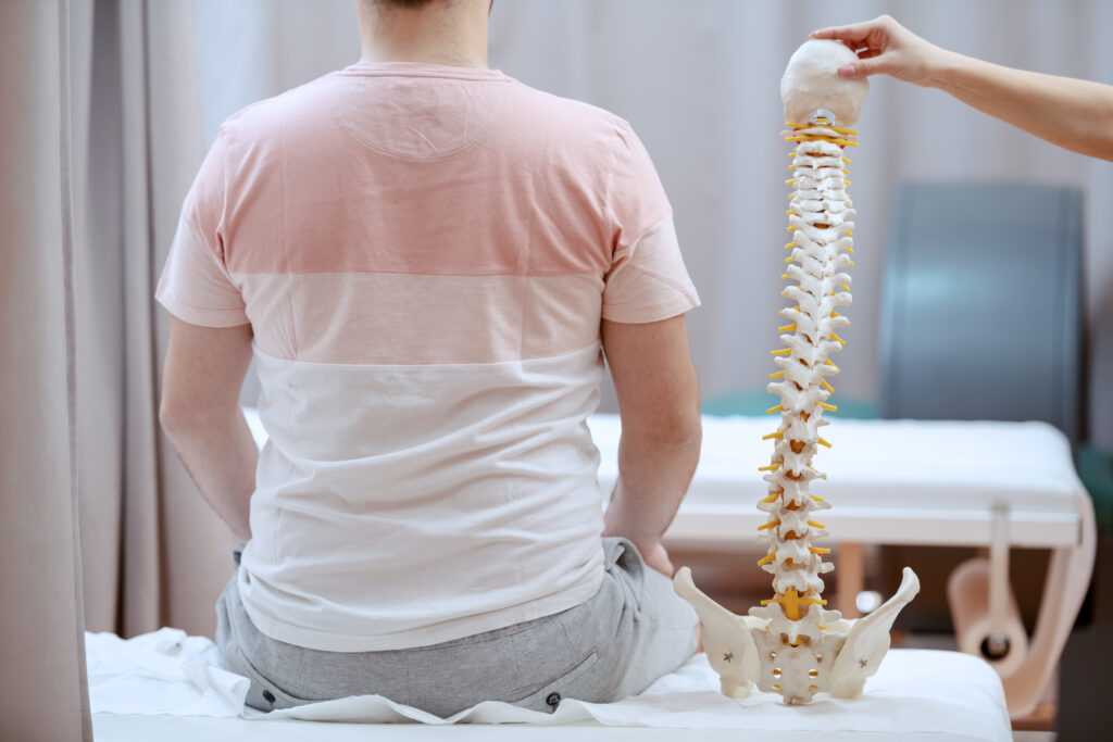 Paciente de costas sentado na cama do consultório e um médico segurando um modelo de uma coluna vertebral com escoliose