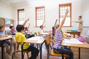 Crianças levantando as mãos em um sala de aula. Professora está na frente. Representação da psicologia infantil na volta às aulas.